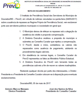 Nota de esclarecimento sobre a ausência de repasses ao Regime Próprio de Previdência Social